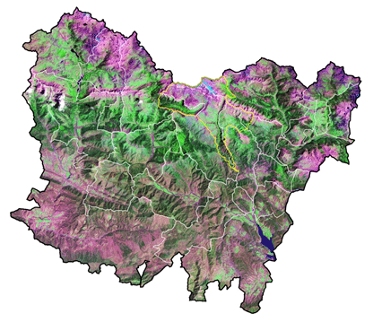 Figura 1. Mosaico en falso color de imágenes LANDSAT del Parque Nacional de Ordesa y Monte Perdido y su entorno