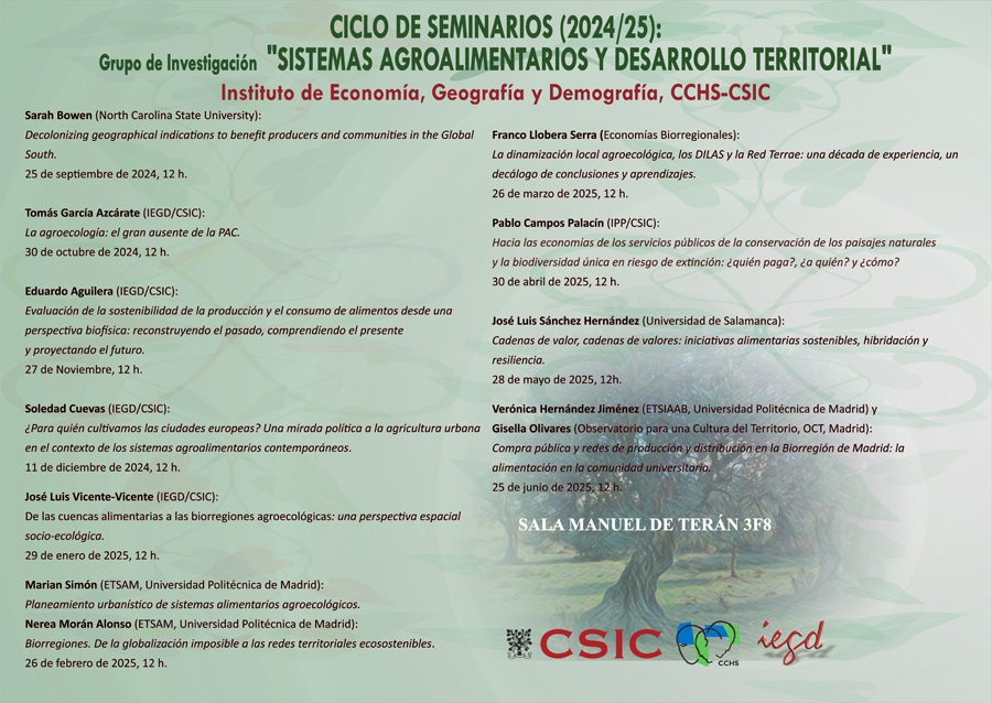 Programación del ciclo de Seminarios del Grupo de Investigación de Sistemas Agroalimentarios y Desarrollo Territorial 2024-2025