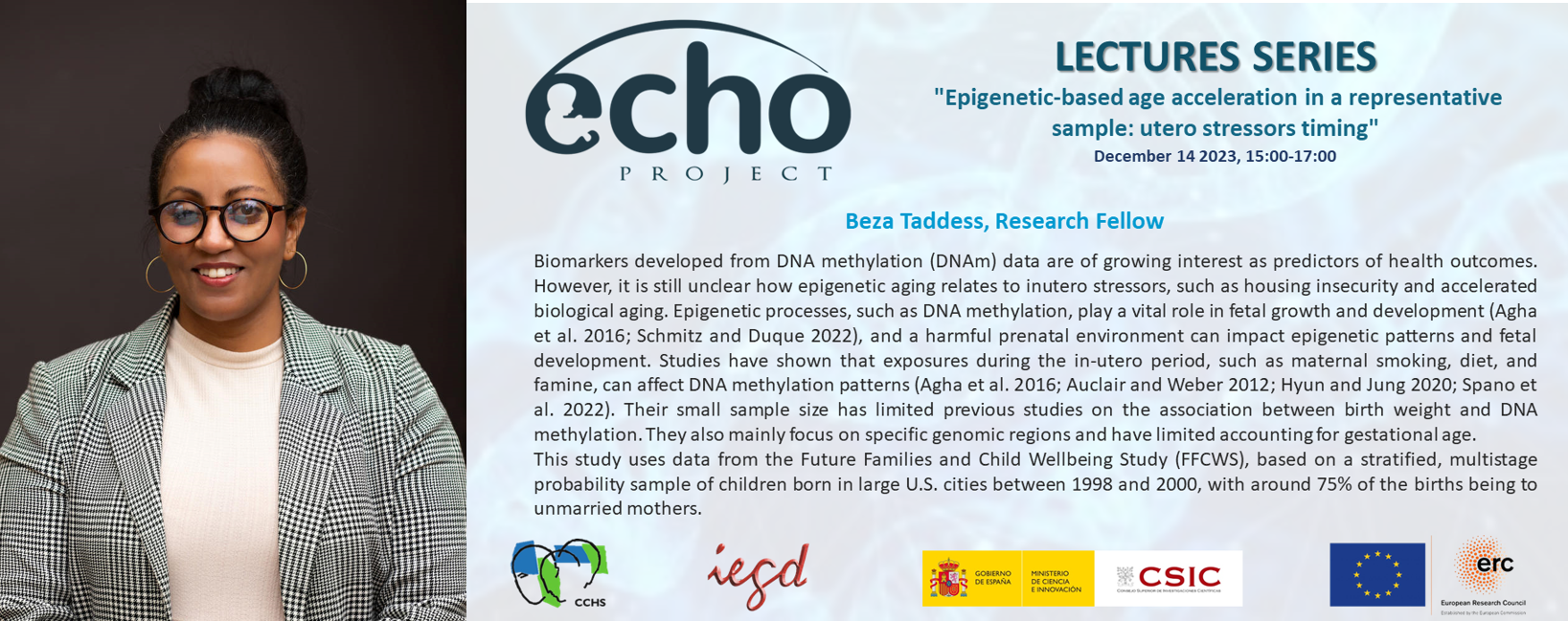 Ciclo de Seminarios ERC-Advanced ECHO: "Epigenetic-based age acceleration in a representative sample: utero stressors timing"