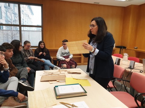 Mª Jesús Albarrán (ILC, CSIC) durante su charla con alumnos del IES Alonso Berruguete de Palencia