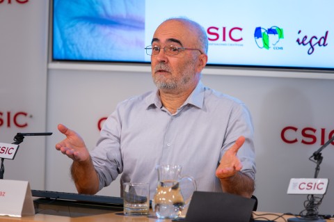 Julio Pérez Díaz (investigador del CSIC) durante la rueda de prensa en el CSIC (24/10/2025)